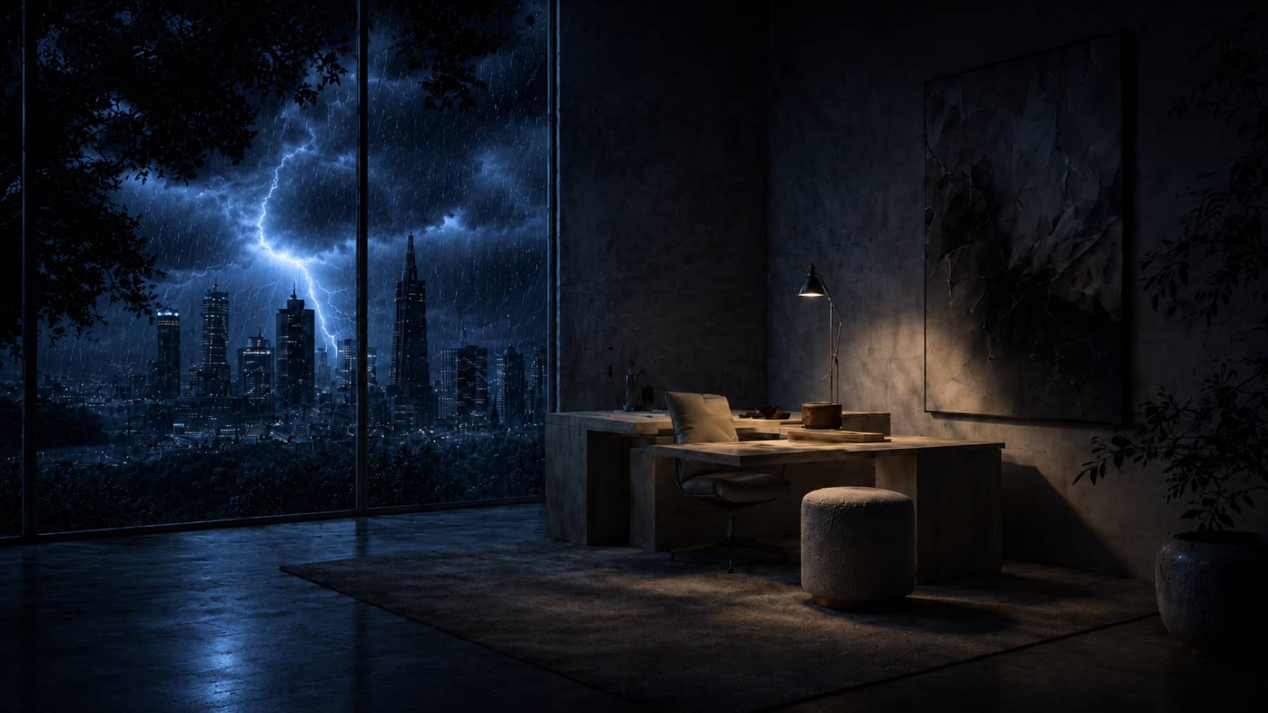 Interior with a city view, plant, and artwork