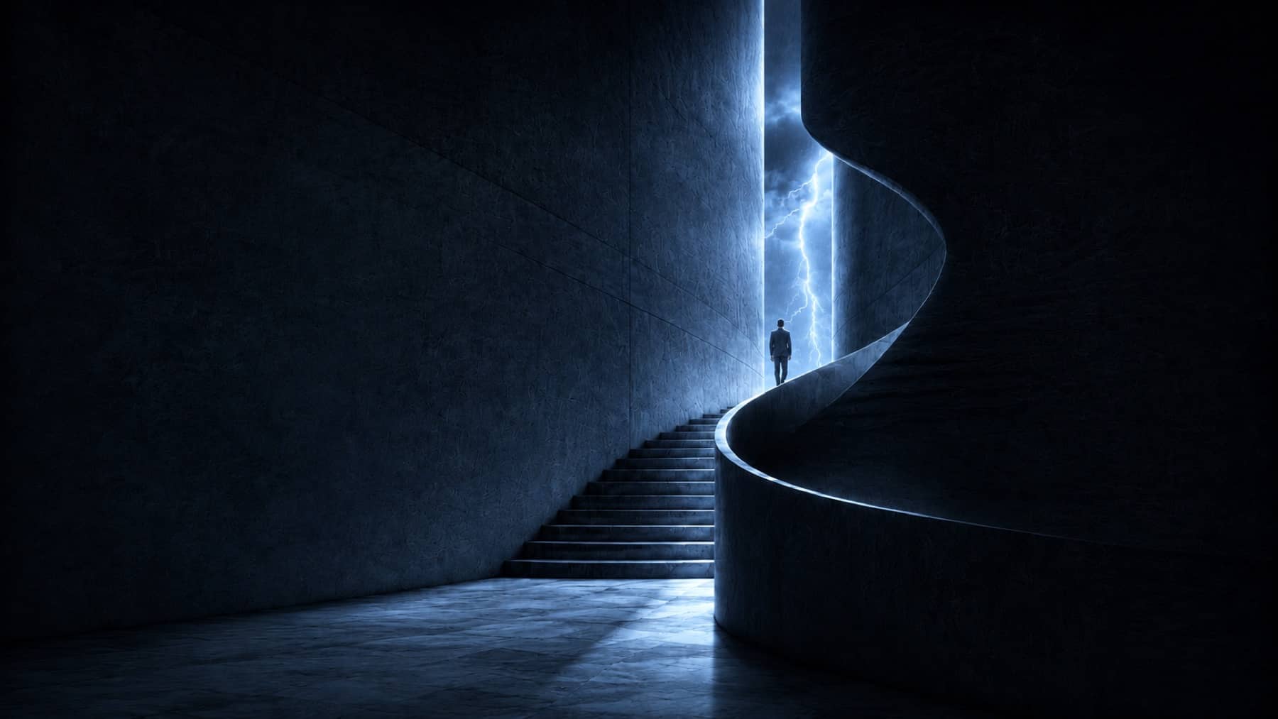 A figure ascending a sculptural spiral staircase