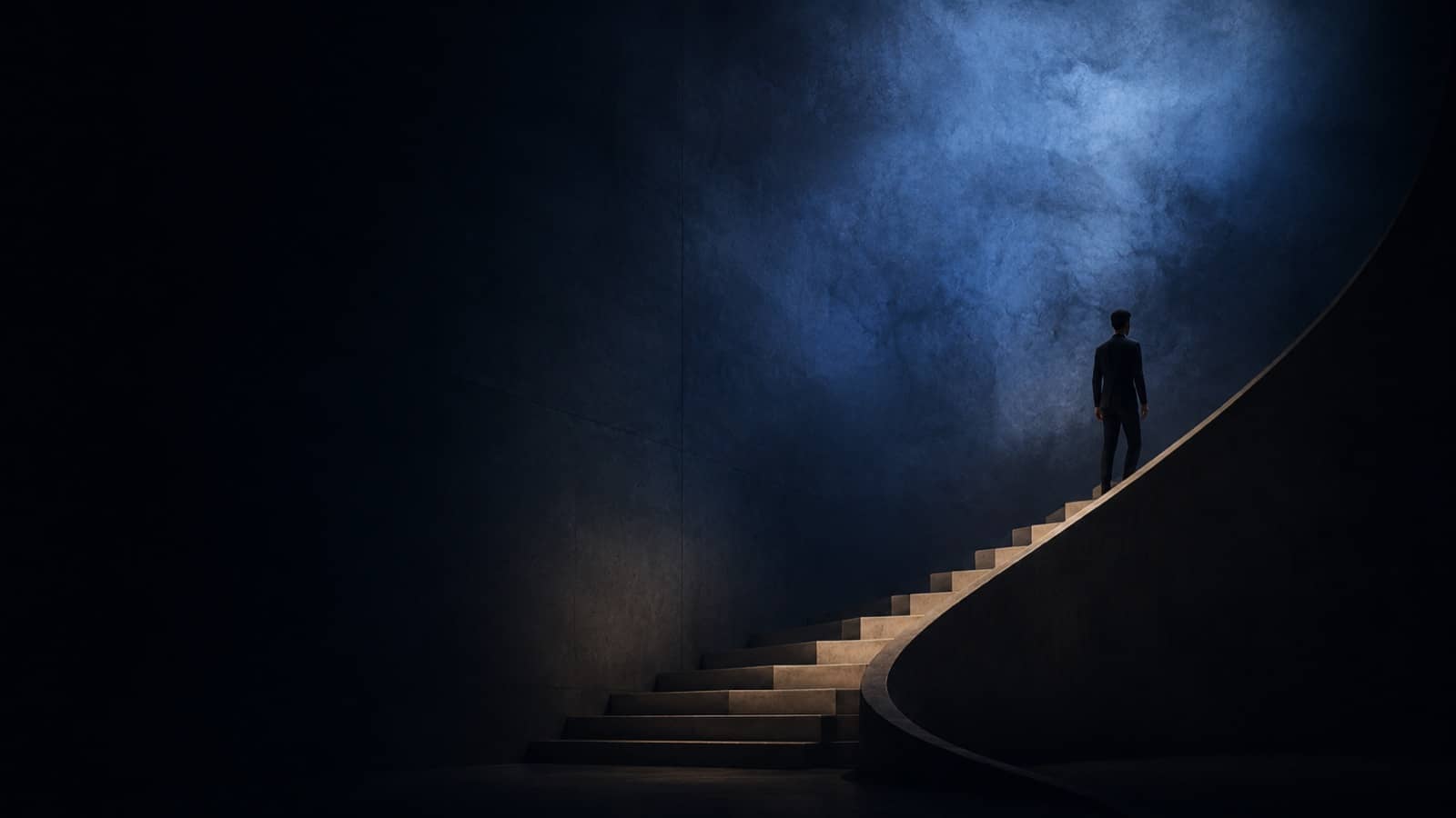 A figure ascending a curved staircase